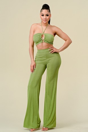 Turquoise Crop Top and Wide Leg Pants Set – Chic Boho Style