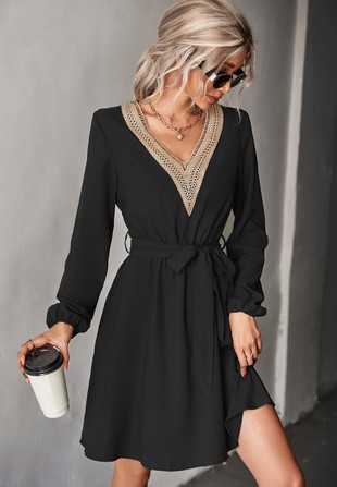BACKORDER - Santoria V-Neck Lace Hem Dress In Black
