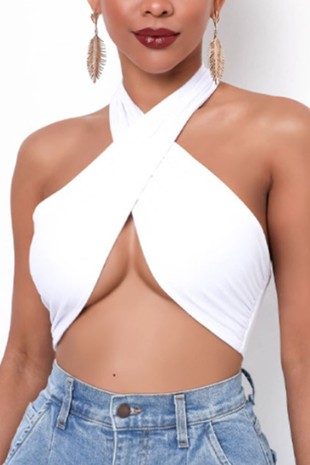 Two Tone Triangle Halter Neck Tie Back Knit Crop Top for Women – Anna-Kaci