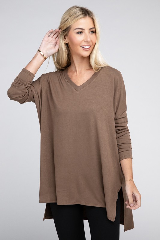 Zenana Premium Long Sleeve Shift Dress Brown Midi Scoop Neck Women's Size XL