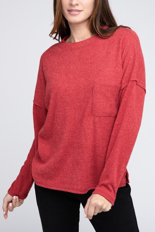 Zenana-Ribbed Brushed Melange Hacci Sweater With A Pocket